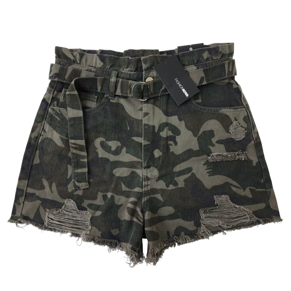 Fashion Nova Cant Find A Reason Camo Denim Shorts Waist Distressed  9